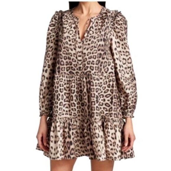 Generation Love Brown Leopard Print Balloon Sleeve Rumi Mini Dress Size L - Picture 2 of 10